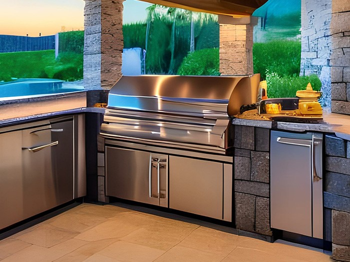 Outdoor kitchen featuring a grill and other appliances.